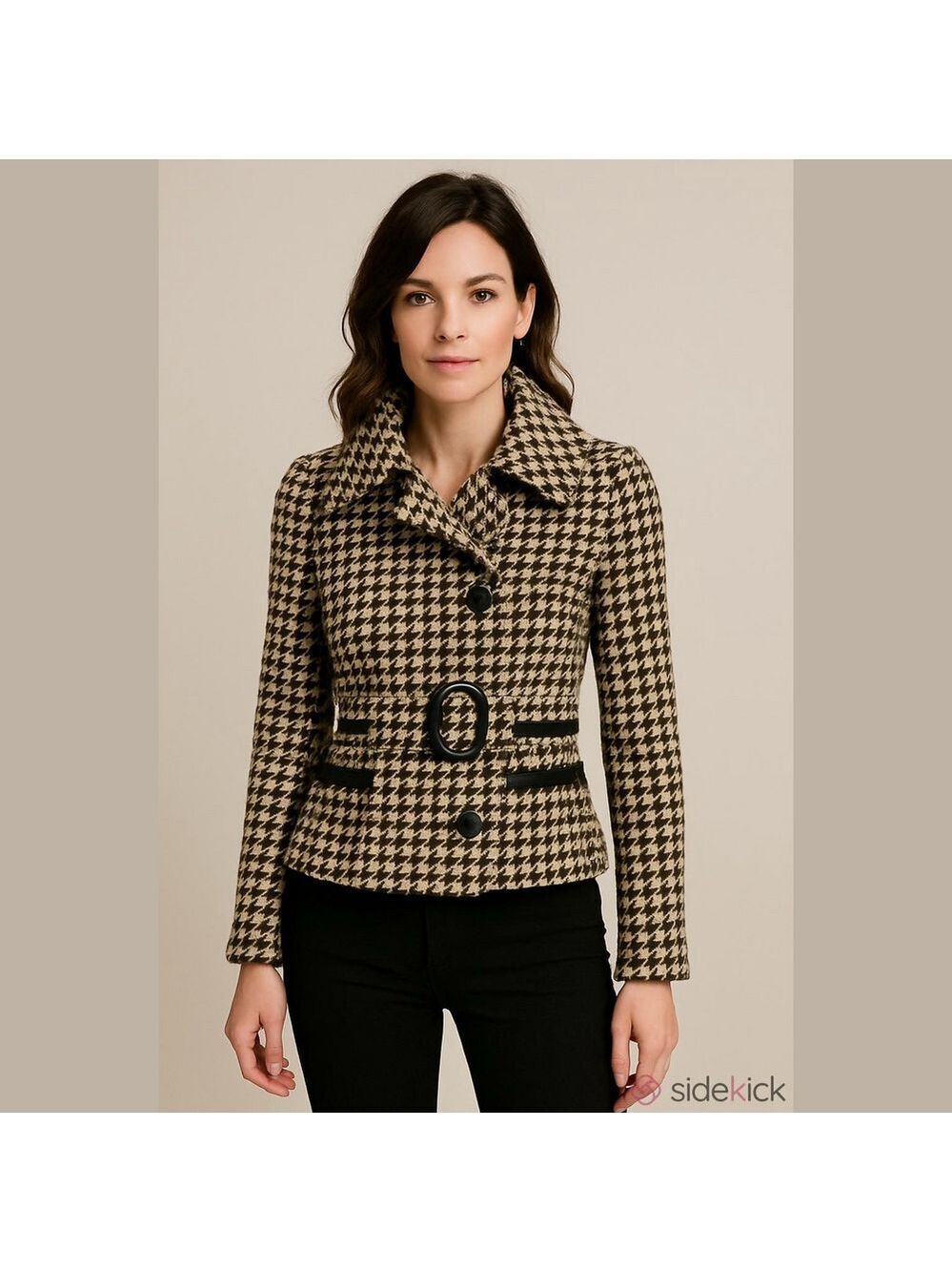 Soia Kyo brown cream houndstooth check jacket XS belted wool retro big collar